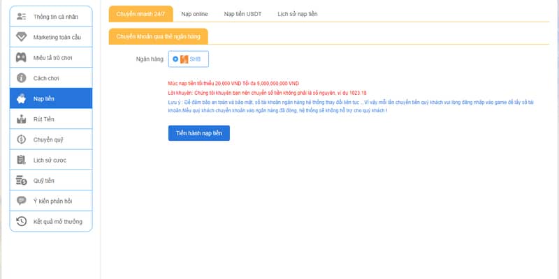 nạp tiền qua ngân hàng